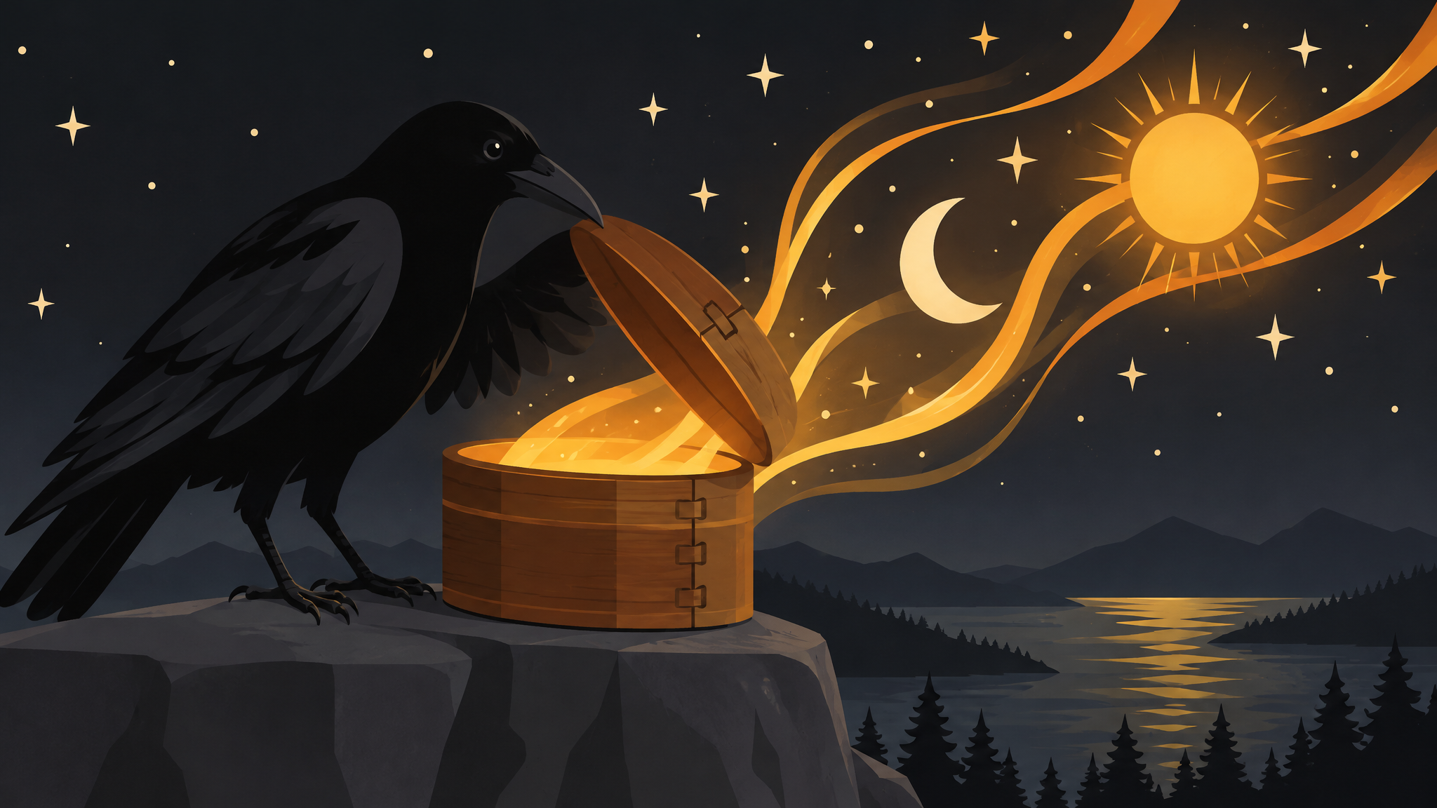 Raven lifting the lid of a cedar box as light pours into the night sky